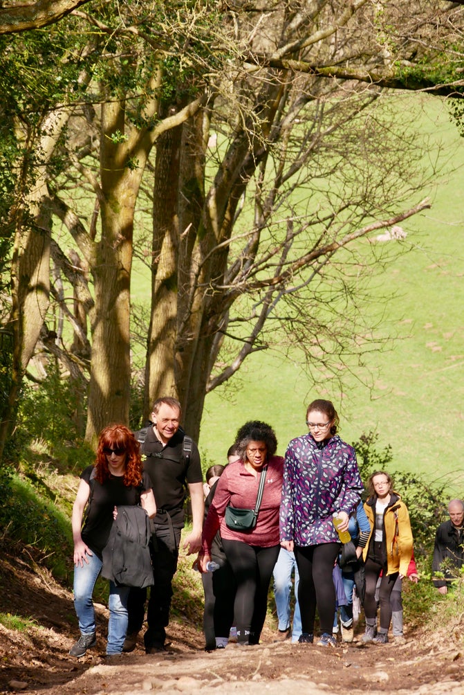 Group walking uphill